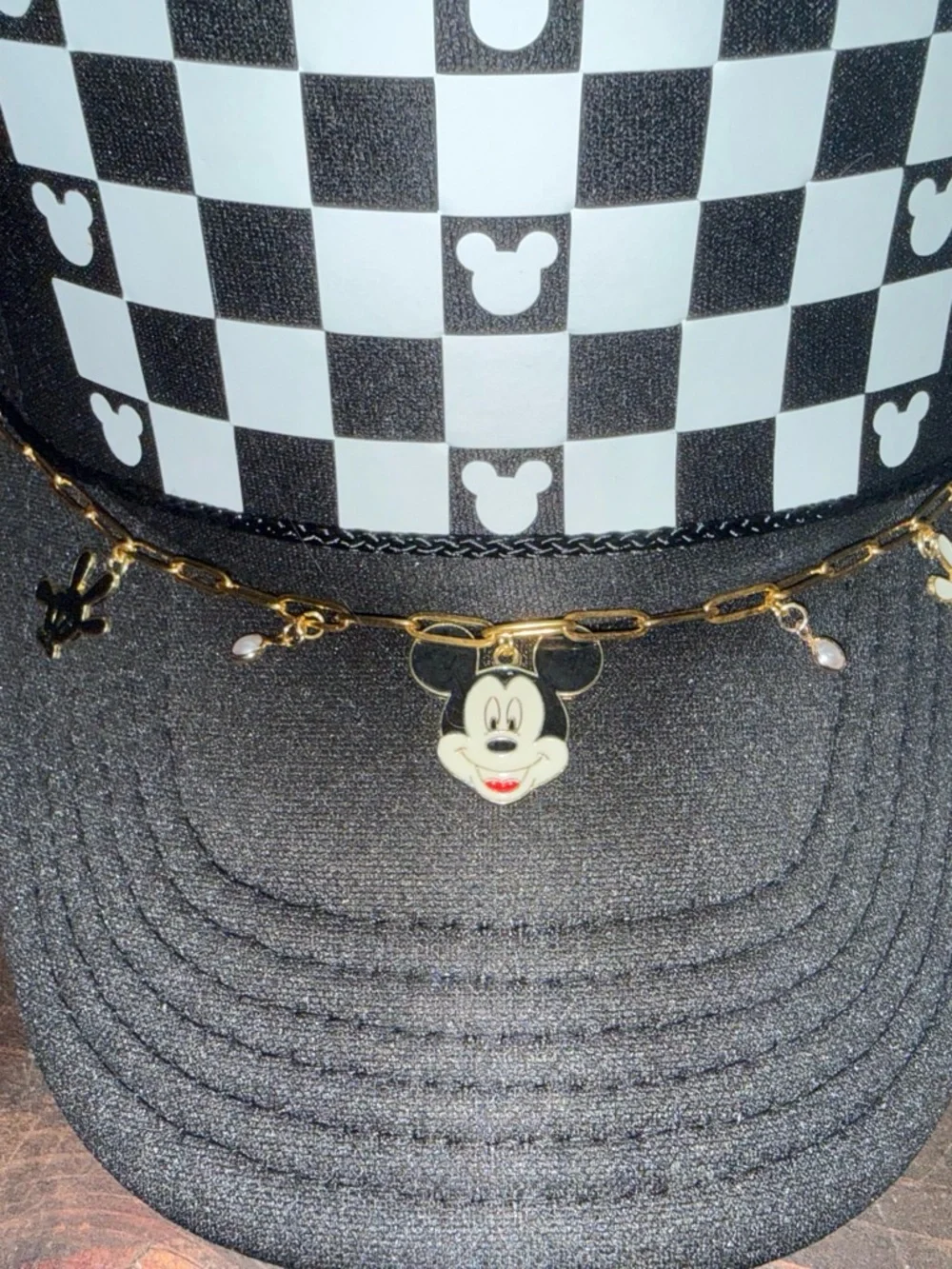 Checkerboard Cap with Mickey Charm Chain